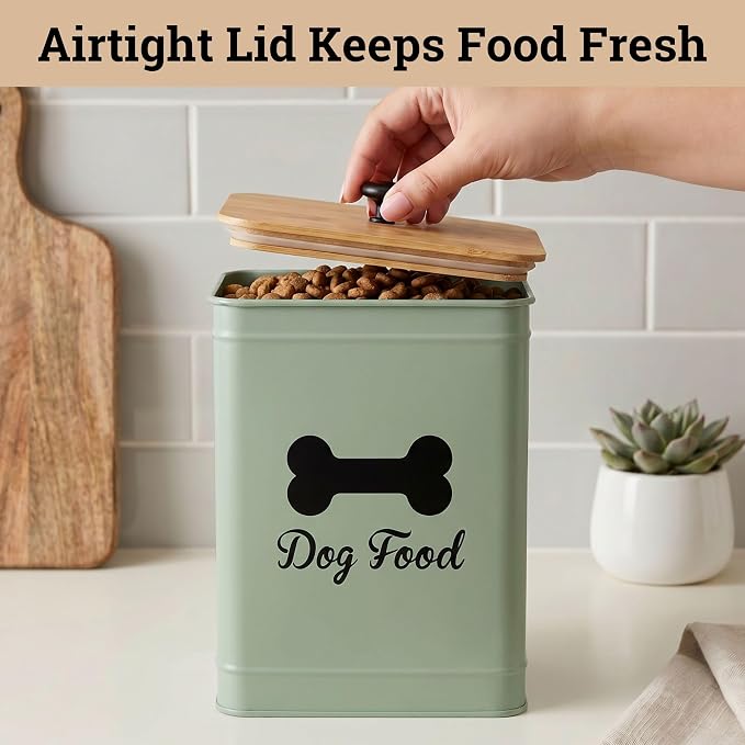 Metal Dog Food Container 5-7lb, 25 Cup w/ Airtight Bamboo Lid, Metal Handle | Pet Jar For Dogs up to 50lbs, Airtight Bamboo Lid, Sturdy Comfortable Metal Handle, Powder Coated Iron, Kibble Storage Bin