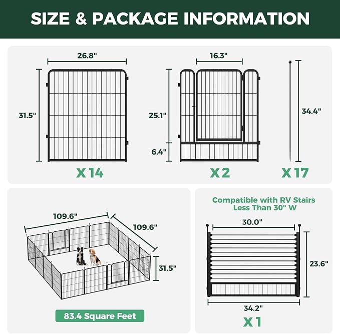 FXW Rollick Dog Playpen with RV Step Grid for RV Camping, 32" H, 16 Panels | Easy Setup & Sturdy, Blocks RV Stair Gaps, Fits RV Steps up to 30"W, For Small & Medium Dogs, Patented
