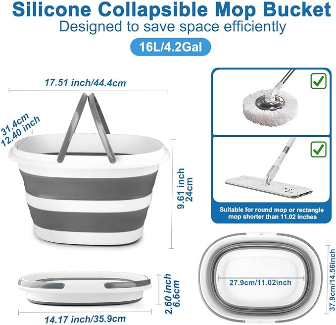Collapsible Mop Bucket with Handle for Cleaning, 16L(4.2 Gallon) Silicone Square Mopping Bucket for Windows Cleaning or Car Washing, Cleaning Supplies Organizer Plastic Bucket for Storage (Pack of 2)