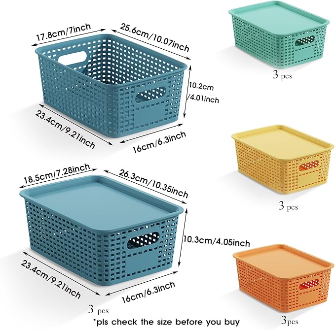 ORGIDOL Plastic Storage Basket with Lids 12 Pack Stackable Colorful Storage Bins Containers with Lid, Decorative Storage Boxes for Organizing Shelves, Drawers, Playroom, Classroom, Office, Closet