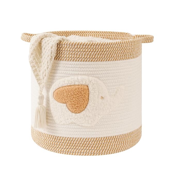 Large Blanket Baskets for Living Room Decor, Toy Storage Baskets 14" x 14" Woven Cotton Rope Storage Basket for Kids, Dog Toys Organizer Clothes Hamper with Embroidery for Nursery Laundry, Elephant