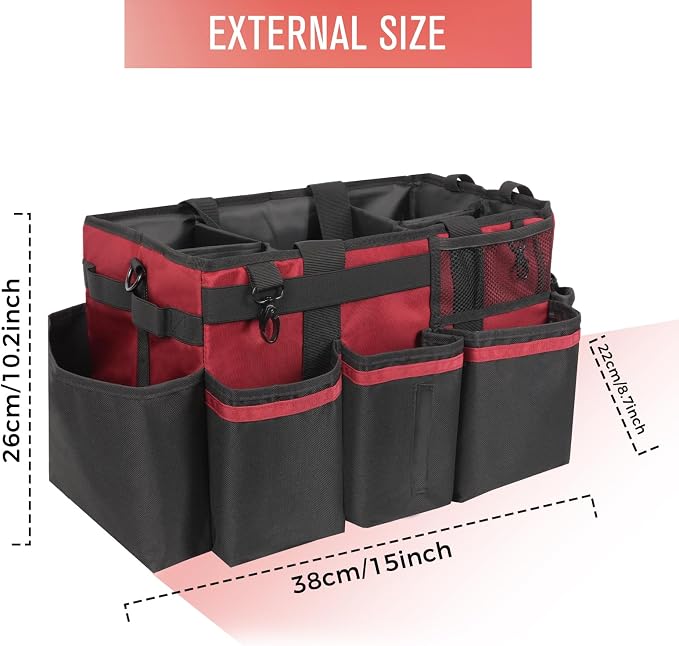 SCAVATA Wearable Cleaning Caddy, Cleaning Caddy Supplies Organizer with Handle & Shoulder Straps for Housekeepers, Under Sink & Car Cleaning Tool Organizers Bag with 4 Foldable Divider (Wine)