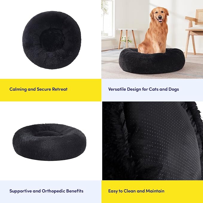 Dog & Cat Bed: Round Faux Fur Pet Bed - Plush, Cozy, & Calming Donut Bed for Large Pets - Soft & Comfortable Sleeping Cushion for Napping & Lounging, 30" Round, Black