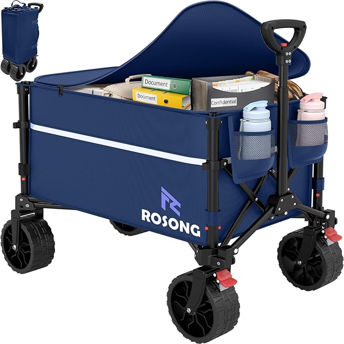 ROSONG Collapsible Wagon Cart with Wheels Foldable - Folding Utility Heavy Duty Wagons Carts for Grocery Sports Garden Shopping Camping Wheelbarrows (120L Dark Blue with Lid)