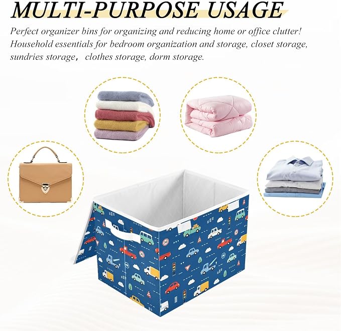 Storage Bins with Lid Trunk Vehicle Foldable Storage Boxes 40L Baskets | Decorative Storage Boxes, Dust-Proof Flip Top, Reinforced Handles, For Home & Bedroom, Clothes & Toy Box, Oxford Fabric Print