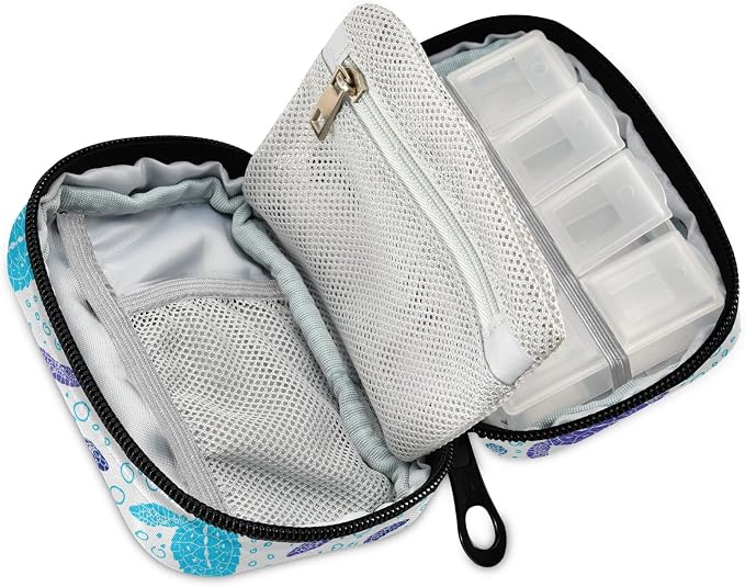 Naanle Vintage Sea Turtle Pill Box 7 Day Pill Case Travel Pill Organizer Bag with Zipper Portable Weekly Case Compact Size for Supplement Vitamin Holder