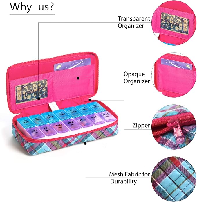 Weekly Pill Organizer 2 Times a Day,7 Day am pm Pill Organizer, Large Daily Pill Cases Pill Box Vitamin Organizer Box,Pink