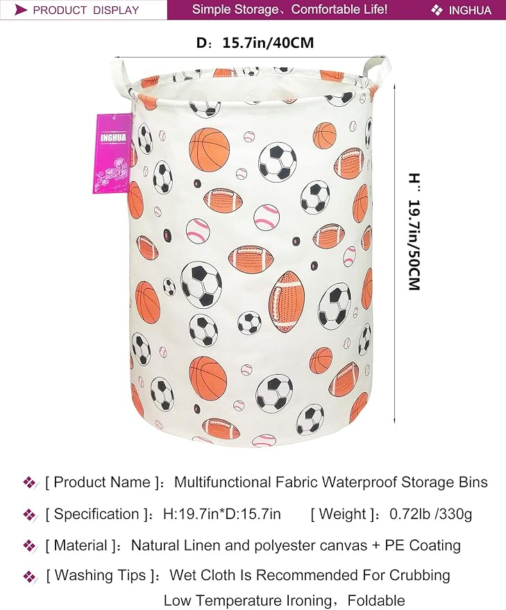 Ball game Fabric Storage Bin Nursery Organizer Basket(Ball game) | Organizer Bin Dirty Clothes Collapsible Waterproof for College Dorms, Boys and Girls Bedroom,Bathroom
