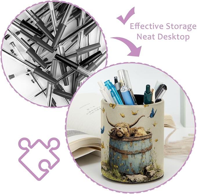 Faux Leather Pen Holder for Desk, Pencil Organizer Highland Cow Pen Cup Desk Decor Makeup Brush Holder Storage for Office Home