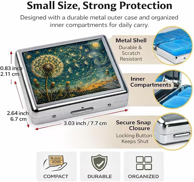 Weekly Pill Organizer with Mirror, 8 Compartments Chrome Pill Box, Portable Travel Medication Organizer for Vitamins and Supplements, Compact Pocket Pill Case for Daily Use (Oil Painting)