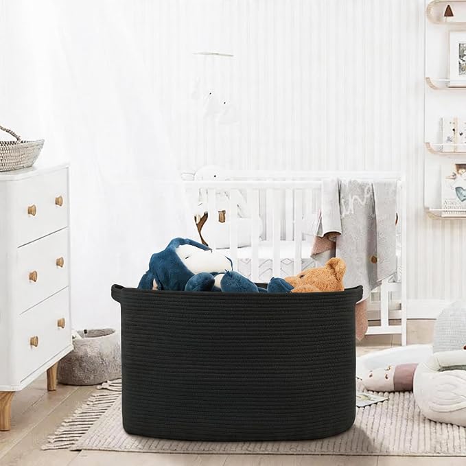 Extra Large Basket for Blankets, 23.6" x 17" x 12" Black Blanket Storage for Living Room, Big Cotton Rope Pillow Holder, Rectangle Kid Dog Toy Bin Box, Woven Laundry Basket, Shoe Bin Entryway
