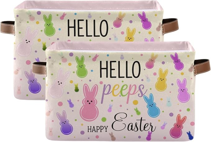 Happy Easter Day Peep Bunny Storage Basket with Waterproof Liner and PU Handles Easter Eggs Leopard Cheetah Storage Bins Boxes 14.2" Collapsible Decorative Organizer Baskets for Bedroom Closet 2 Pack