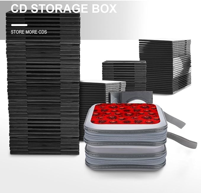 40 Capacity CD Case Red Horror Skull Protective DVD Holder Wallet | Red Horror Skull Disc Storage Organizer Binder, Hand Strap, Zipper Closure for Home Car
