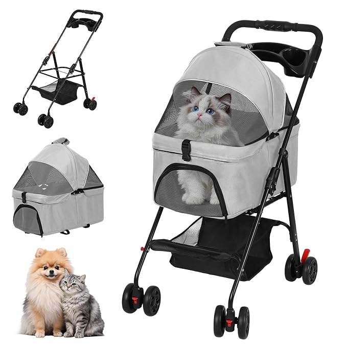4 Wheels Pet Stroller,Dog and Cat Foldable Strollers, Removable Carrier, Breathable Mesh Canopy, Storage Basket and Cup Holder, Lightweight Travel Carrier, Pet Carrying Cart for Walks Outings Shoppin