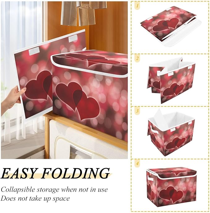 senya Valentines Baskets Collapsible Storage Bins with Lids, Hearts Bokeh Effect Storage Boxes Clothes Baskets for Organizing