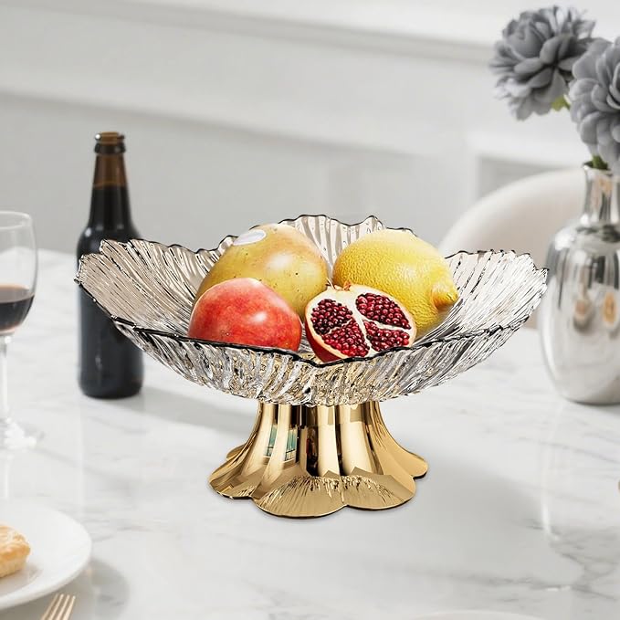 Pedestal Fruit Bowl, Snack Storage Holder, Fruit Tray, Dessert Display Stand, Decorative for Living Room Kitchen Home, E with Gold Base, White