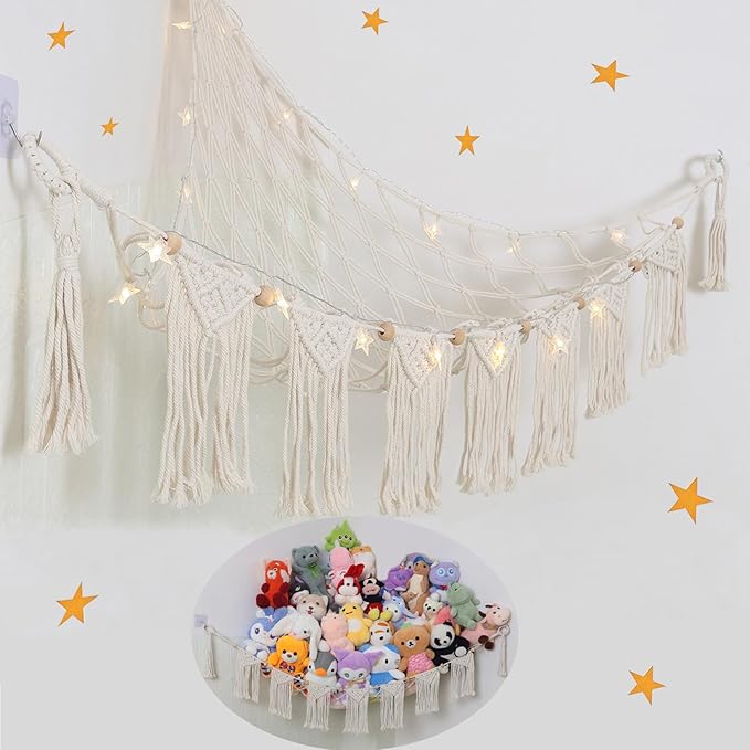 Large Stuffed Animal Hammock or Net, Macrame Boho Toy Hammock with LED Light, Decorate Net for Stuffed Animals Corner, Space Saving Hanging Stuff Animal Organizer Holder for Kids Bedroom Playroom