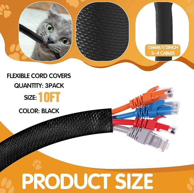 Poen 3 Pack 30ft Cord Protectors from Pets No Chew, 1/2 Inch