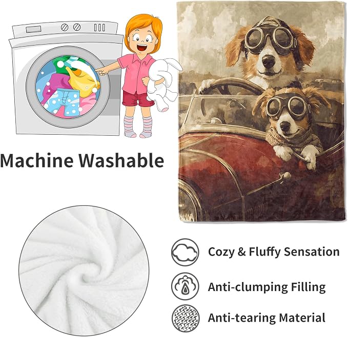 Vintage Corgi Road Trip Blanket Dogs in Goggles Riding Classic Car Throw Blankets,Birthday Gifts for Kids Adult & Retro Lovers,Lightweight Soft Fleece,for Sofa Couch Bed Room Decor 50x60in