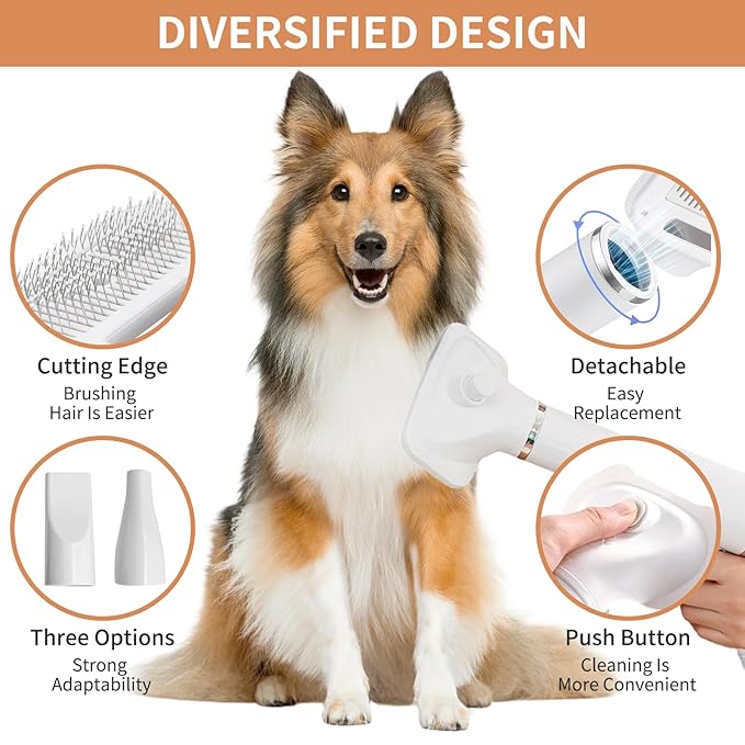 Dog Grooming Dryer with Slicker Brush, 3 in 1 Professional Portable Pet Dryer for Dogs Cats Adjustable Temperature Speed Settings, Pet Blow Brush for Home Travel Use (White)