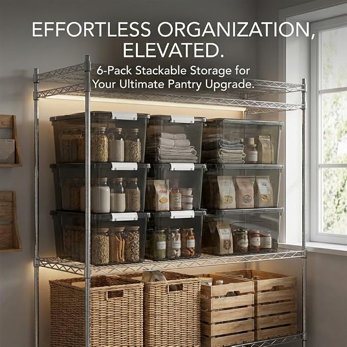 19 Quart Stackable Plastic Storage Bins with Lids, 6 Pack Clear Black Organizer Boxes with Secure Latches for Garage, Tools, Closet, Office, Durable Storage
