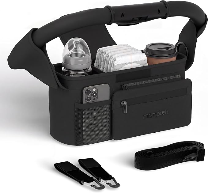Mompush Universal Stroller Organizer Caddy with Insulated Cup Holder | Large storage capacity, multiple pockets, detachable zippered pouch, secure Velcro straps, universal stroller fit