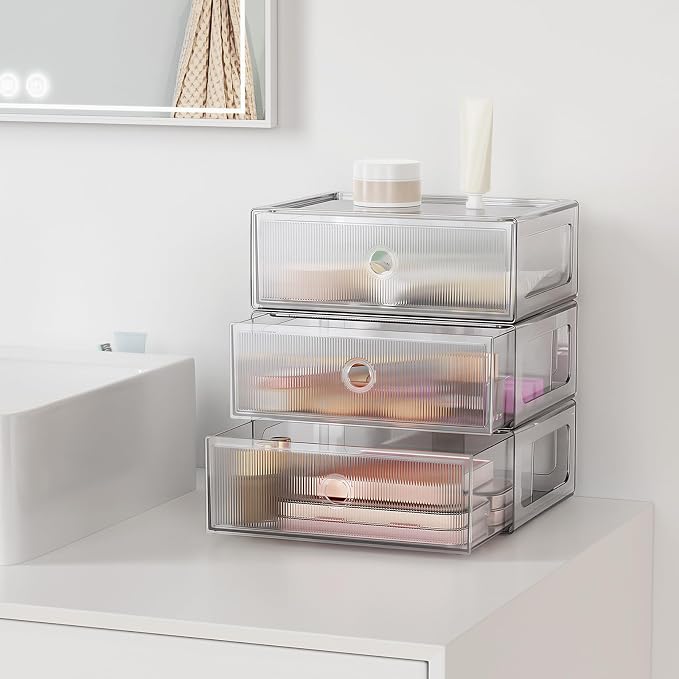 3 Tier Clear Makeup Drawer, PET Cosmetic Storage Organizer for Dresser, Countertop & Bathroom Vanity, Holders for Lipstick, Brushes, Skincare & Beauty Supplies