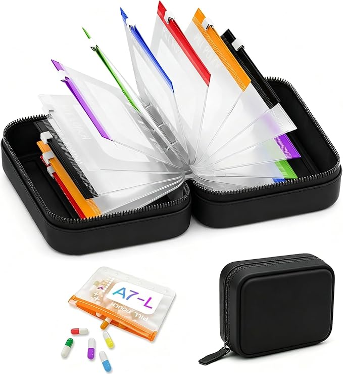 Waterproof Pill Organizer Set, Waterproof Pill Pouch Set for Travel, Pill Storage with 14 Color-Coded Pouches and Zipper, Reusable Travel Medicine Organizer for Vitamins Supplements Fish Oils (Black)