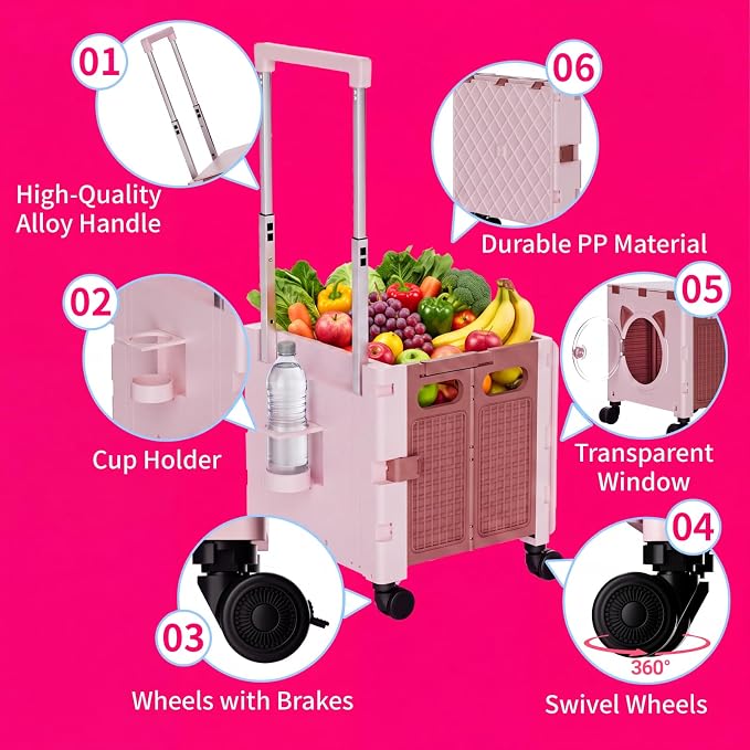 Foldable Shopping Cart with Wheels: Cat-Style Rolling Utility Crate | Adjustable Handle, Clear Window, All-Terrain Wheels, Grocery Trolley for Teacher, Market, Office, Luggage, Laundry, Garden