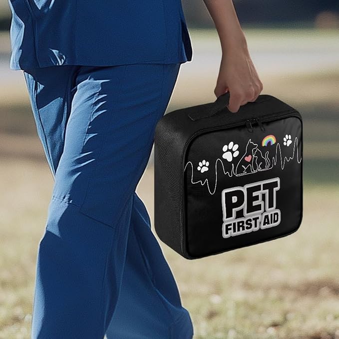 First Aid Case Empty Pet Heartbeat Pattern Veterinary Medic Bag for Animal Clinics and Pet Owners Includes Secure Zipper Compartments Breathable Mesh Panels Soft Lining Washable Material