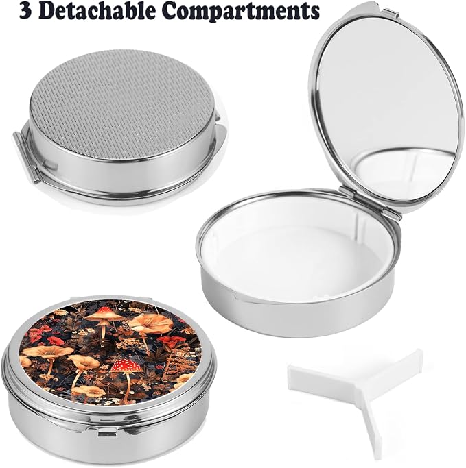 Small Pill Box 3 Detachable Compartments Pill Case with Mirror 2.4inches Pocket Round Medicine Organizer, Mini Portable Pill Organizer for Pocket Purse& Travel Convenience-Vintage Mushrooms