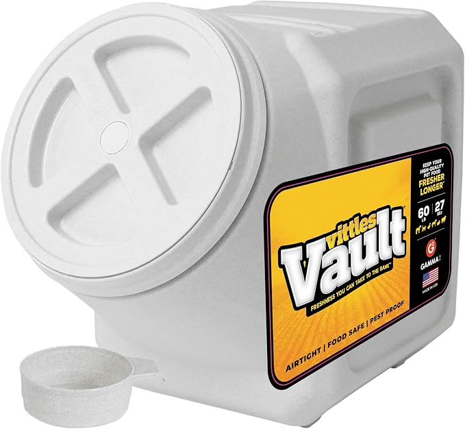 Vittles Vault Traditional Dog and Cat Food Container + Scoop, Gray, 60lbs | BPA Free Plastic, Sealed Airtight for Kibble, Bird Seed, Oatmeal and More; Includes Scoop, Made in USA