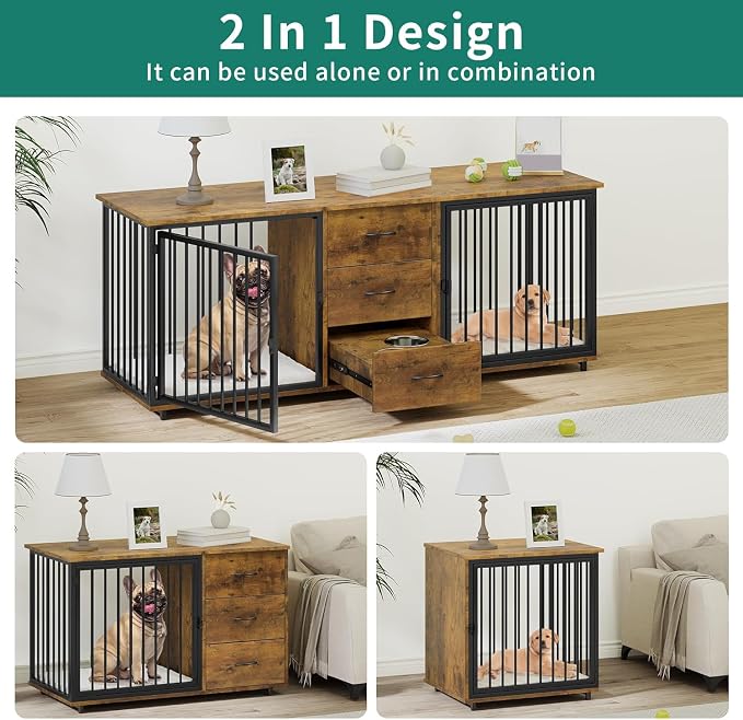 YITAHOME 74" Double Dog Crate Furniture with 2 Feeder Bowls & Room Divider | Wooden Dog Kennel TV Stand for 2 Large Medium Small Dogs, Rustic Brown