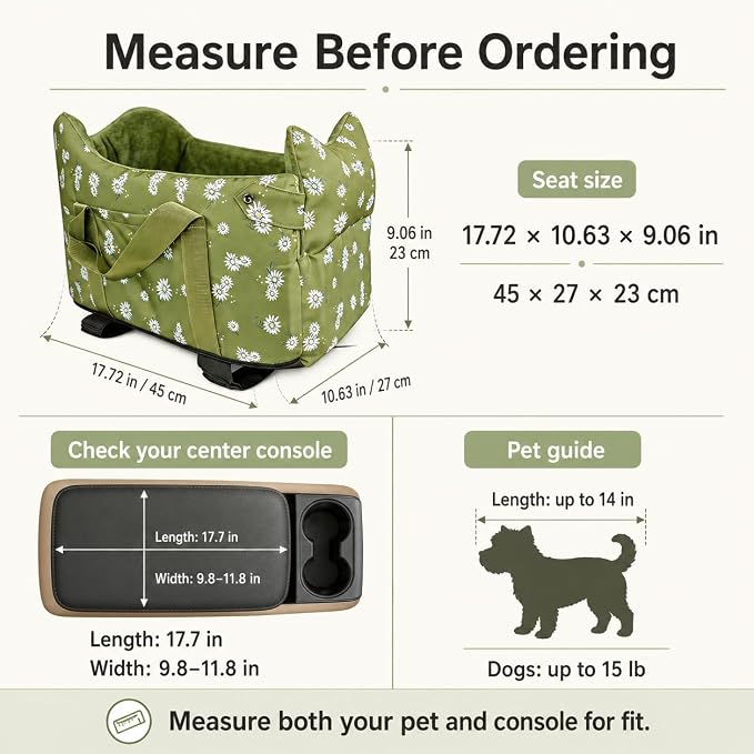 Dog Console Car Seat for Small Dogs 5-15 lbs, Light Green | Portable Center Armrest Puppy Booster, Anti-Collapse Travel Bed with Washable Fluffy Cushion