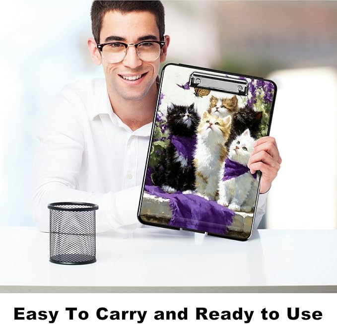 Heavy Duty Storage Clipboard, Slim Nursing Clipboard with Internal Pen Case, Portable File Organizer Case for A4 Letter Size Paper Office Medical Professionals, Lavender Cat