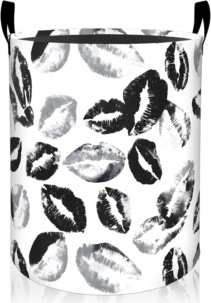 Lip Print Laundry Basket, Modern Romantic Black Kiss Oxford Cloth Dirty Clothes Collapsible Hamper for Room Decor, Couple Gifts, Toy Organizer 19.7 x 15.7 Inches for Bedroom Bathroom Dorm