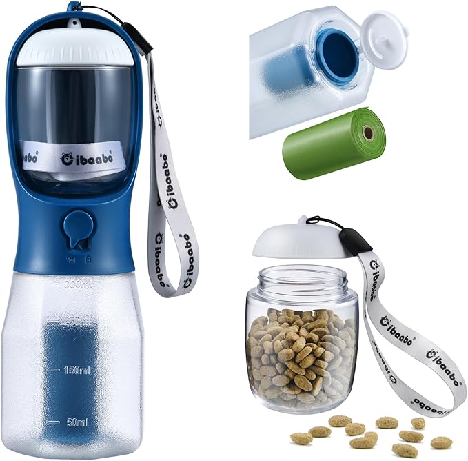 Cibaabo Dog Water Bottle with Food Container & Poop Bag Holder & Filter | Feeding & Hydration & Waste All in One | Travel Puppy Water Bowl | Portable Pet Dispenser | Dog Gifts | for Walking Beach