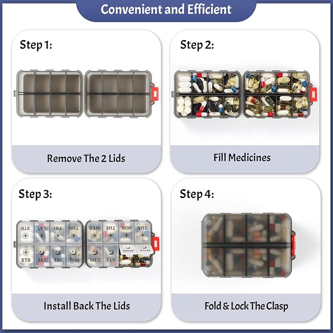 Foldable Weekly Pill Organizer 2 Times a Day with 2 Extra Compartments - Etched Label - Portable 7 Day AM PM Medicine Box, Week Daily Travel Pill Case Holder for Meds, Vitamin, Supplement, Clear Black