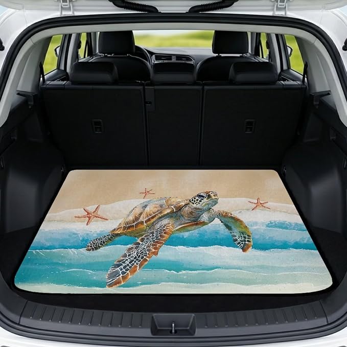 Turtle Print Beach Theme Car Trunk Mat 29" x 39", All Weather Non Slip Cargo Liner for Trucks SUV, Washable Durable Pet Friendly Rear Protection Mats
