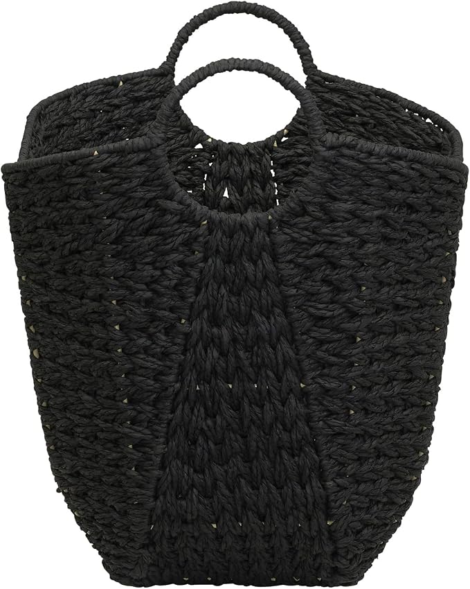 Household Essentials Handwoven Paper Rope Storage Basket with Metal Frame and Handles, Black