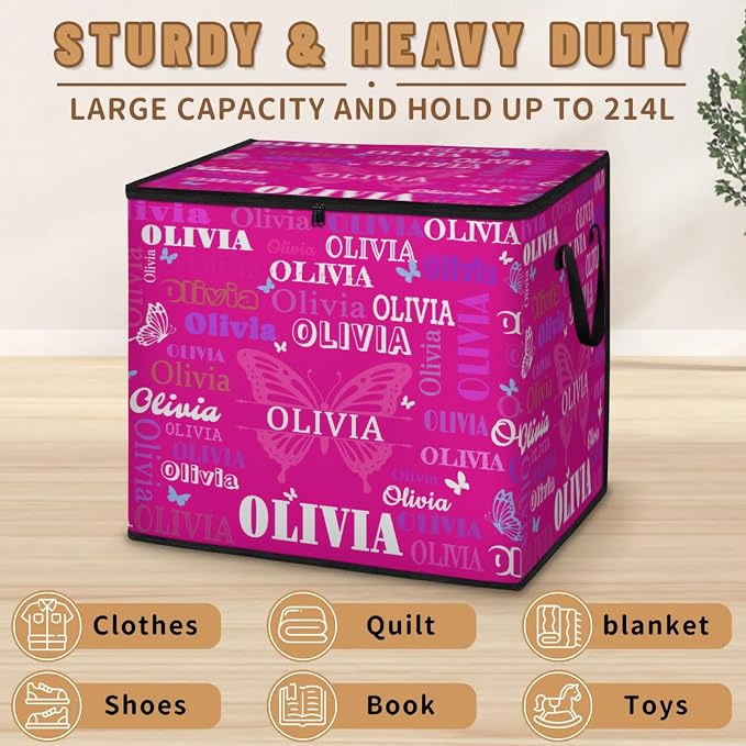 Custom Name Storage Bin with Lid, Personalized Extra Large Rosy Pink with Butterflies Storage Basket with Handles Zippers for Organizing Comforters, Blankets, Bedding Closet Shelf Baskets