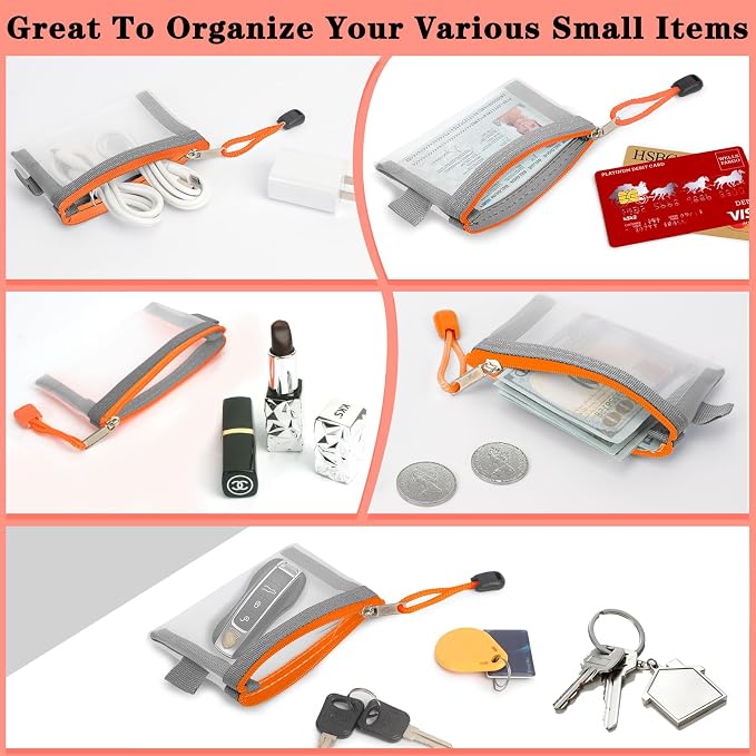 Classycoo Mini Zipper Mesh Bags 5 Pack,3" x 4.3" Nylon Small Pouch Key Card Holder,Coin Purse, Portable Travel Makeup Cosmetic Bags for Lipstick, Earphone (Grey& Orange)