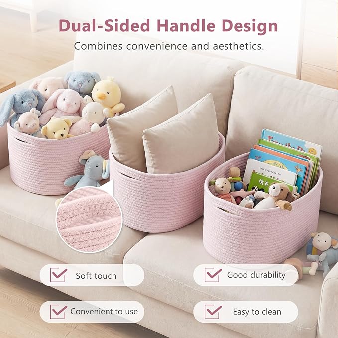 ECDYQXVU 15x10x9 Inch Woven Cotton Rope Storage Basket, 1 Pack | Foldable Design, Built-in Handles, Space-saving Organizer for Living Room, Bedroom, Laundry, Shelves, Clothes, Towels