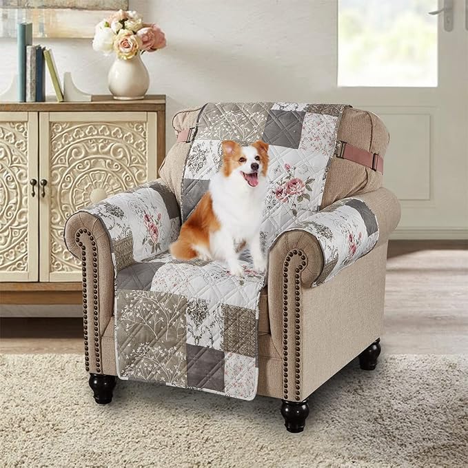 Brilliant Sunshine Pink Rose & Grey Toile Couch Armchair Cover, 23" seat | Quilted Sofa Cover, Living Room & Bedroom Furniture Protector, Washable Chair Slipcover for Pets, Dogs & Cats