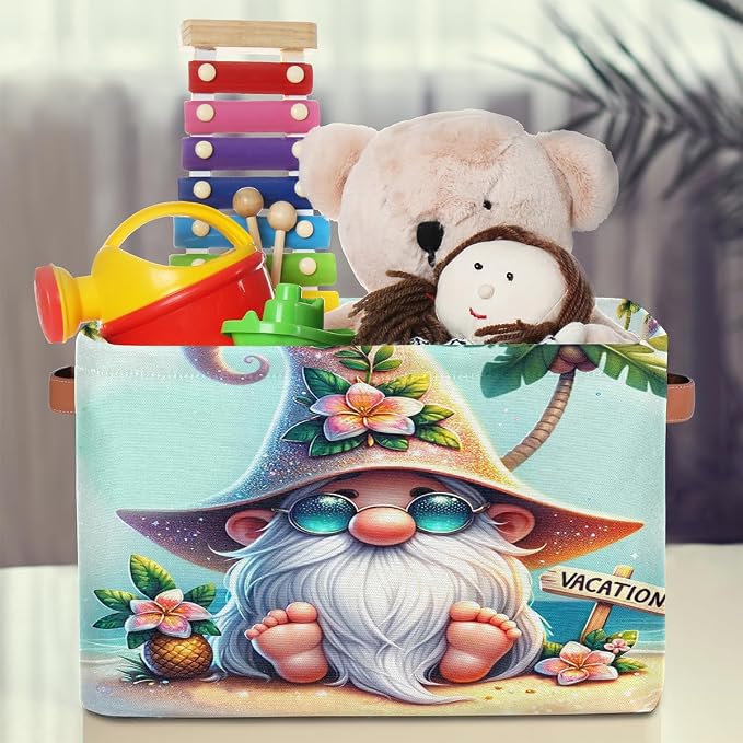 Pardick Summer Gnome Cute Basket Storage Bins Large Fabric Toys Storage Cube Box with Handles Collapsible Closet Shelf Cloth Organizer Basket for Nursery Bedroom Bathroom Holiday Gift