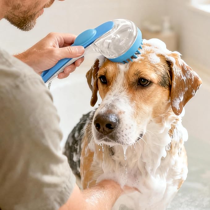 Pet Bath Massage Brush, Bath Scrubber for Dogs, Gentle Silicone Pet Bath Brush for Dogs & Cats (1.5mm Firm Bristles)
