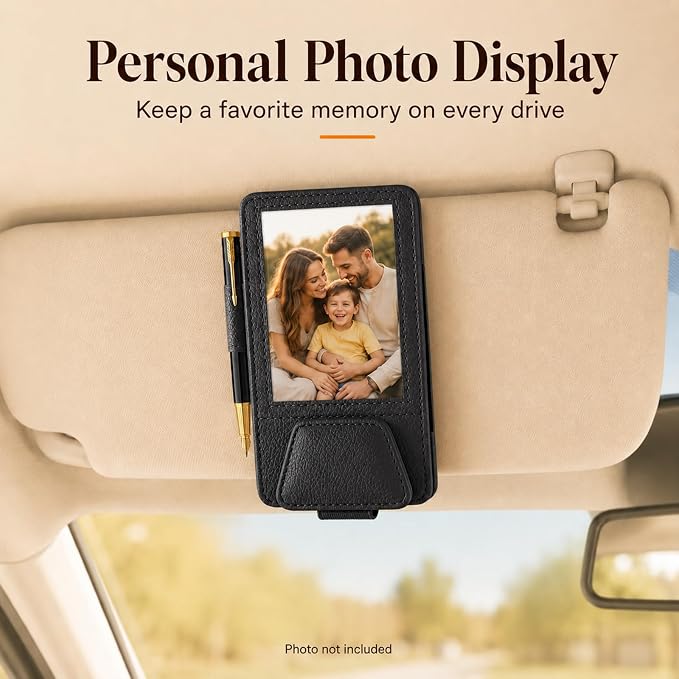 HOLDCY Car Visor Organizer with Registration Holder and Sunglasses Clip | Black PU Faux Leather With Photo Window, Flip-Open Card Storage, Slim Profile And Tool-Free Setup; 1 Piece