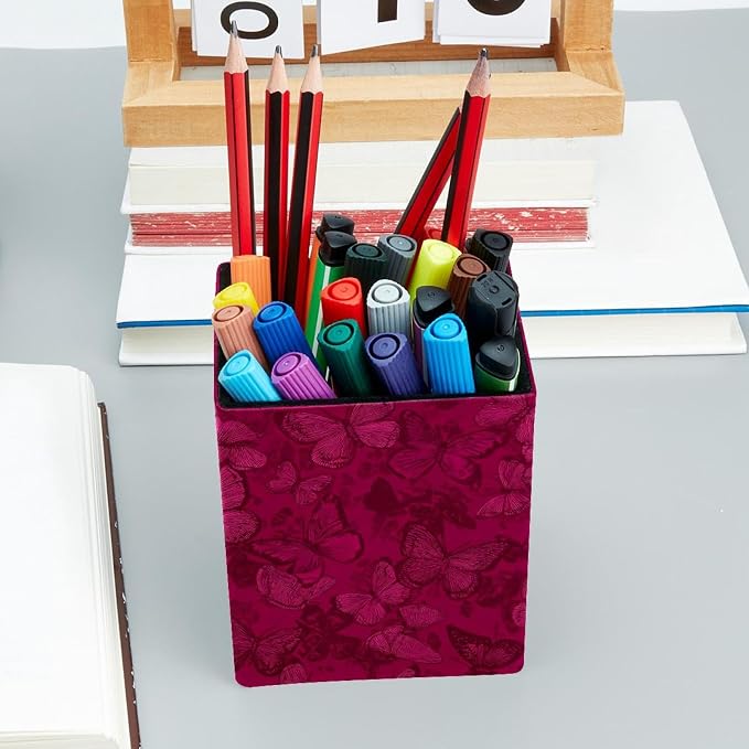 Butterfly Pen Holder for Desk Decor, Rectangular PVC Leather Pencil Cup for Desk Pen Organizer, Makeup Brush Holder for School, Home, Office