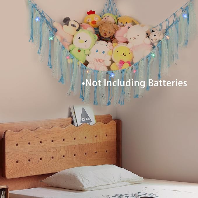 Stuffed Animal Hammock with LED Lights - 59 Inch Large Toy Storage Net for Kids Bedroom, Wall-Mounted Plush Organizer with Wooden Rings, Nursery Decor (Handwoven, Blue)