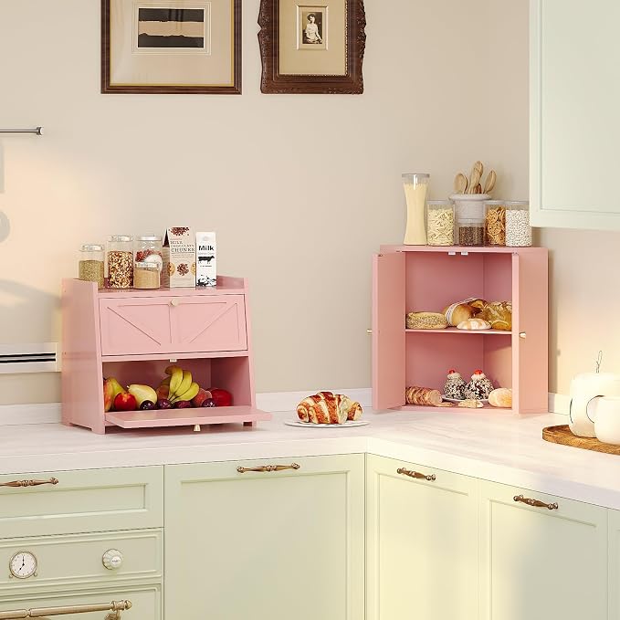 Trironsun Vintage Double Layer Bread Box for Kitchen Counter Bamboo Bread Storage Container Large Capacity Bread Storage Bin (Pink)